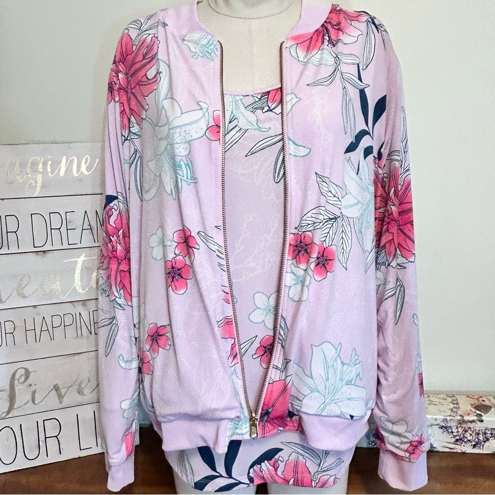 IMAN Lilac Pink Floral Front Zip Reversible Jacket & Tank Top 2PC SET NEW NWOT